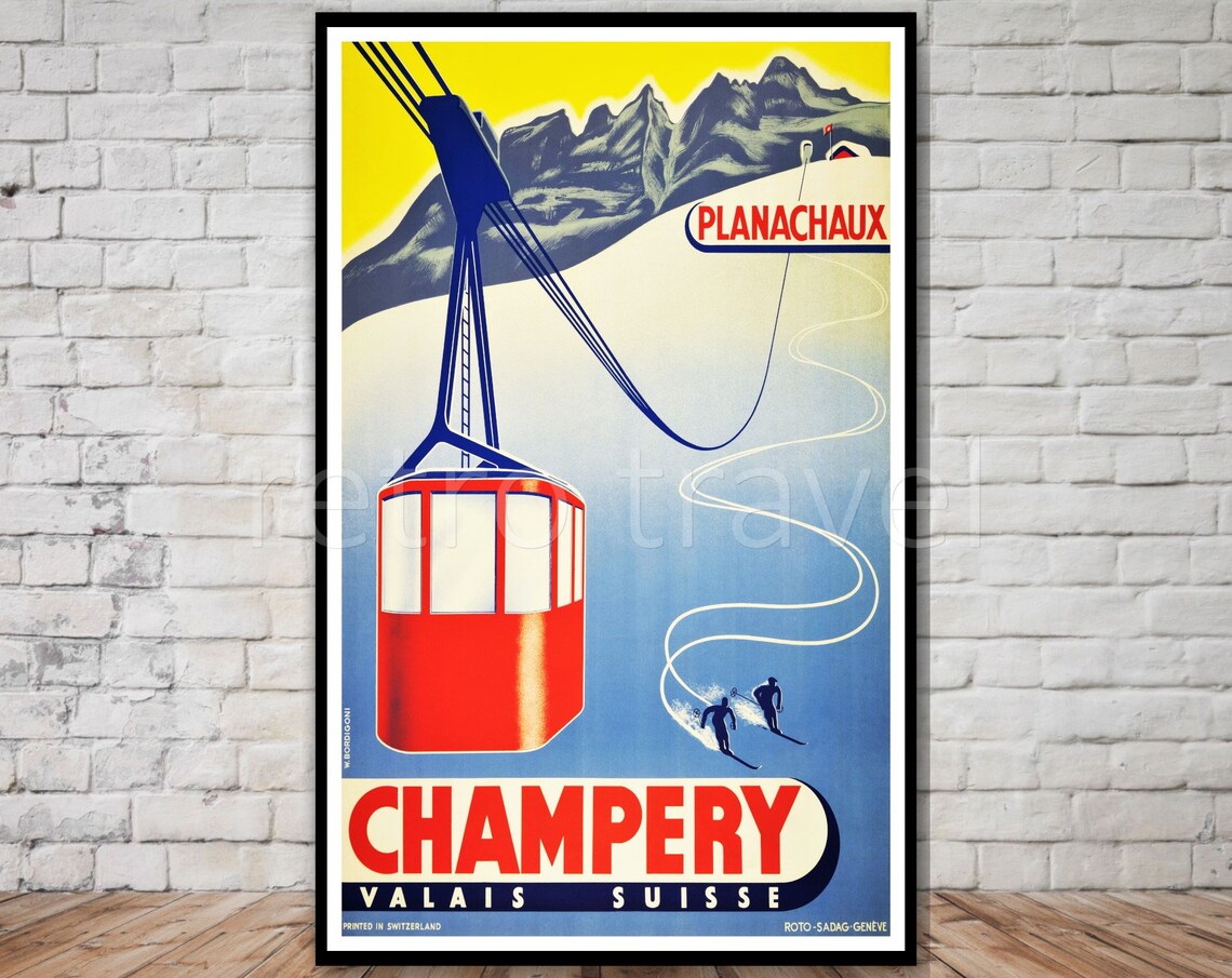 Champery Valais Suisse Planachaux Vintage Ski Lift Travel Poster