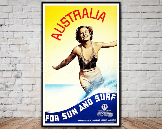 Australia Travel Poster For Sun And Surf Instant Australia Beach Print Bathing Beauty Wall Art Vintage Bathing Suit Art Print