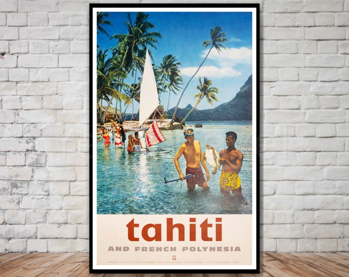 Tahiti Travel Poster Instant Vintage 1950s Tahiti Beach Travel Poster Poster Retro Travel Mid Century