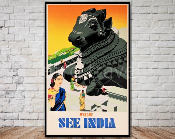 Mysore India Travel Poster Sri Nandi Temple Bull Statue Instant Retro Travel Print Poster Wall Art