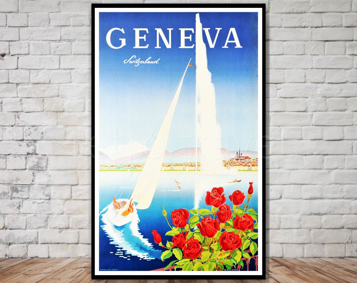 Geneva Switzerland Jet d'Eau Sailboat Red Roses Vintage Travel Poster