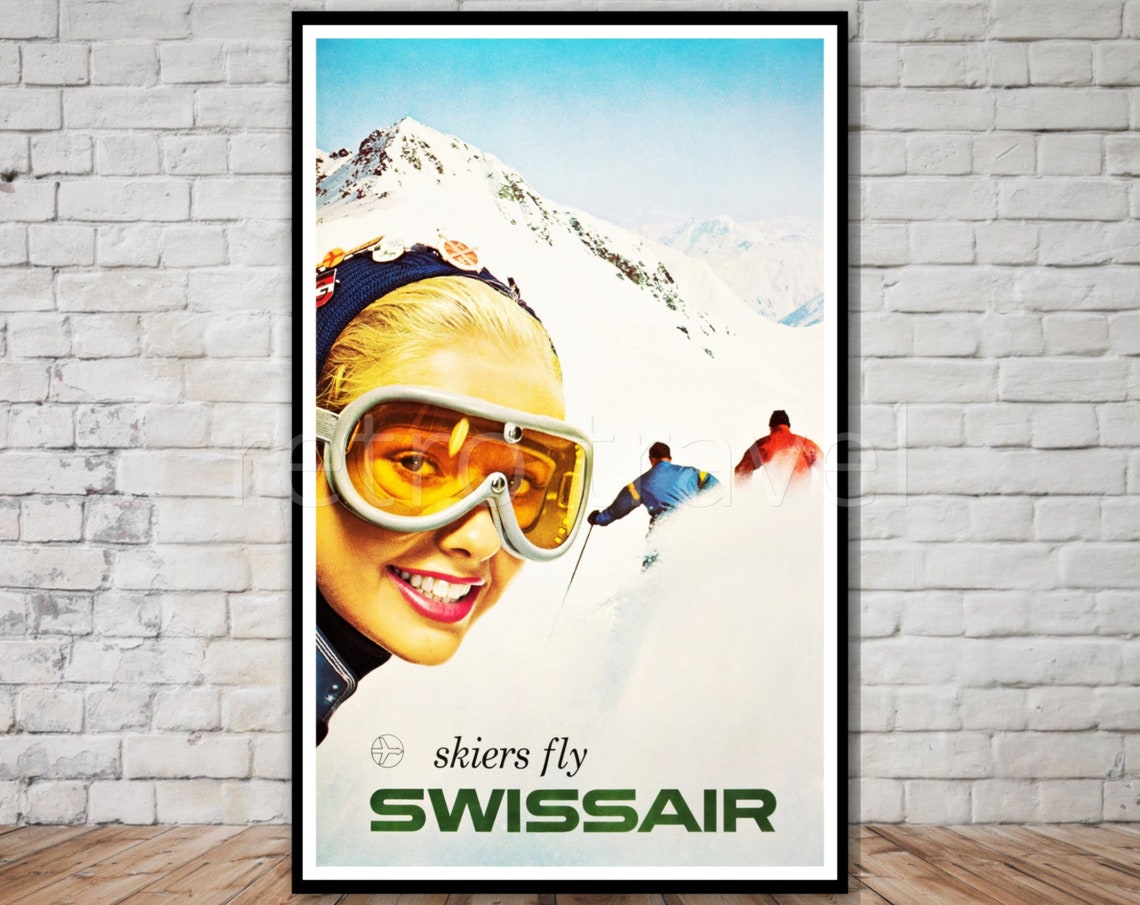 Skiers Fly Swissair Vintage Ski Poster Instant Travel Poster Switzerland Ski Travel Poster Retro Skiers Art