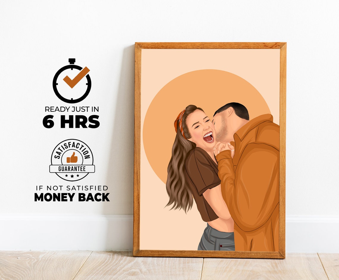 Joyful Couple Laughing Cheek Kiss Orange Backdrop Portrait Poster