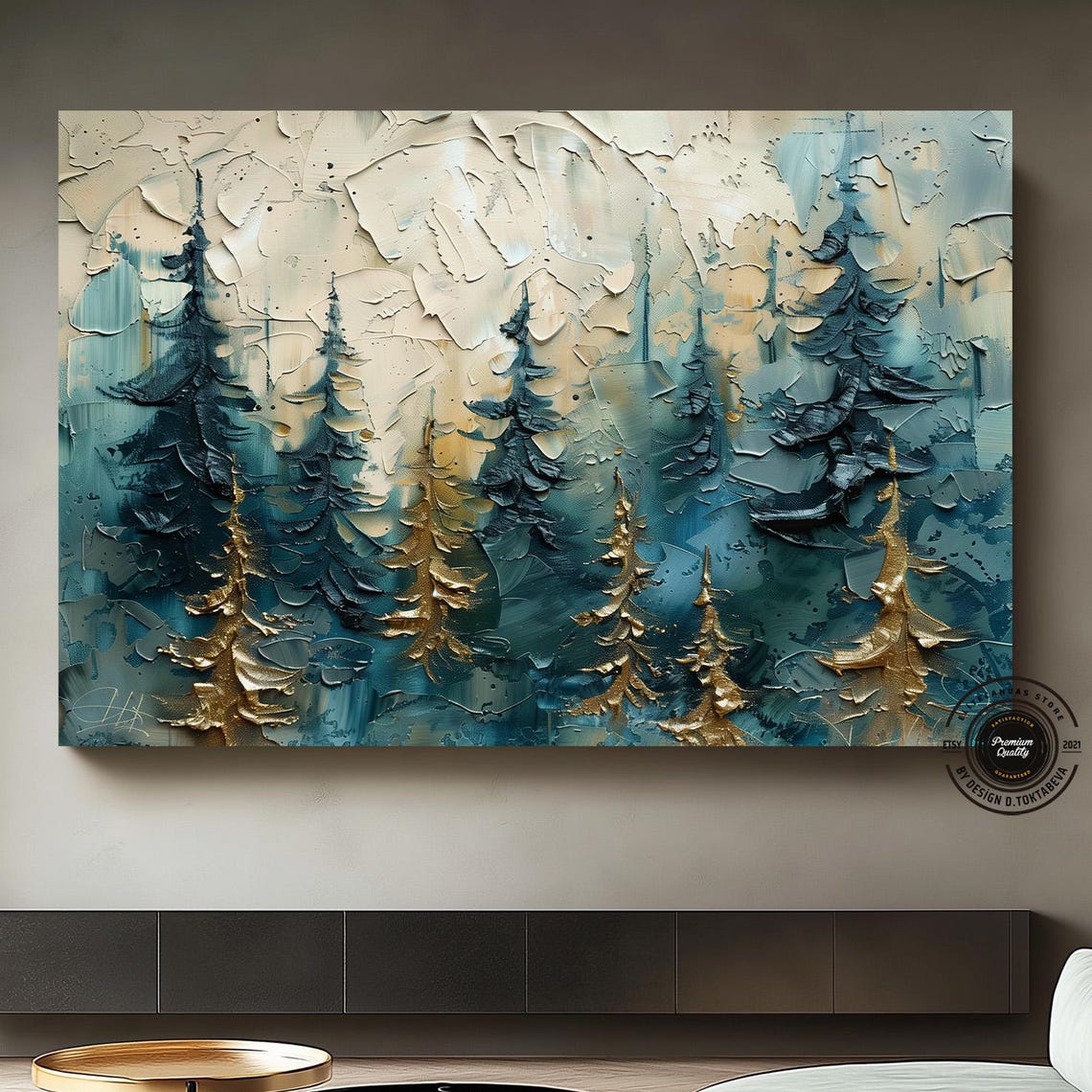 Teal and Gold Pine Forest Impasto Texture Winter Landscape Poster