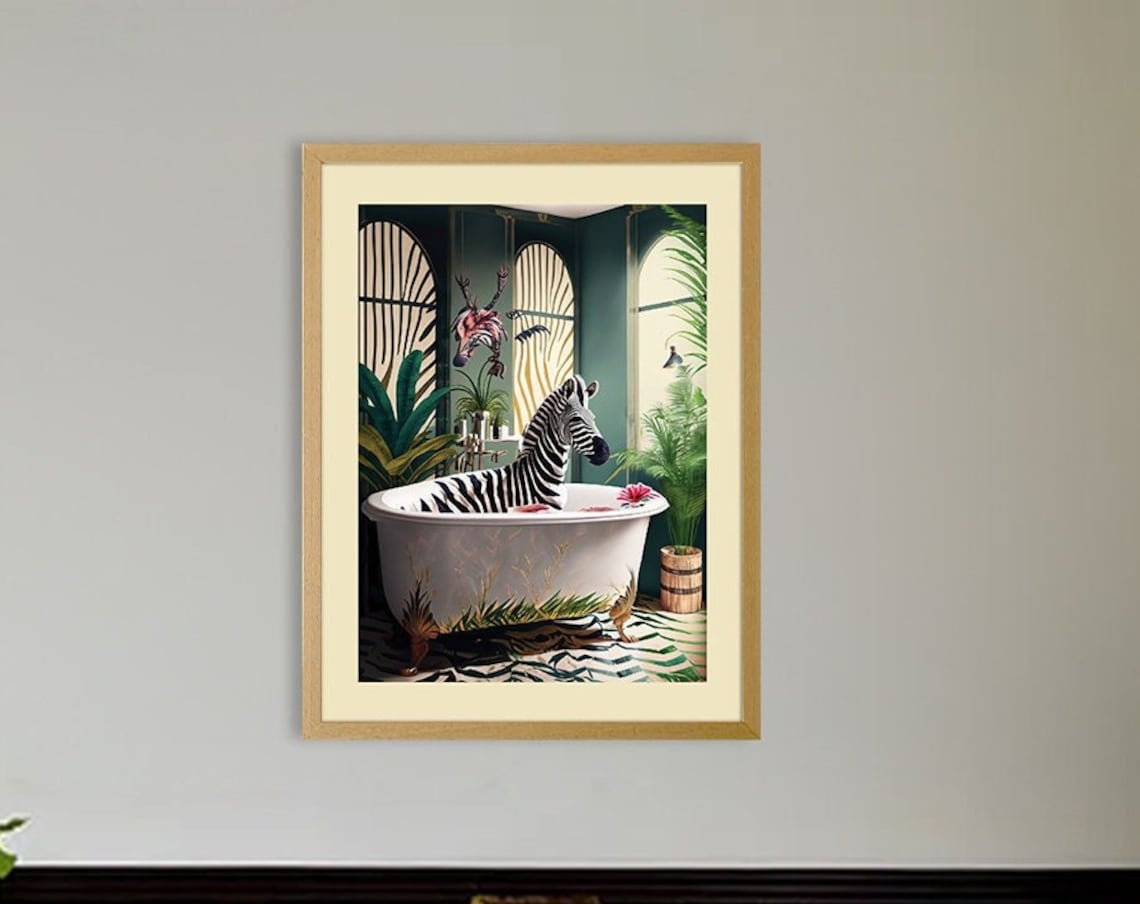 Whimsical Zebra Bathtub Watercolor Wall Art Print - Image 2
