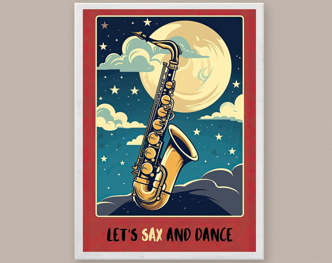 Let's Sax and Dance Saxophone Moon Retro Jazz Music Art Poster - Image 7