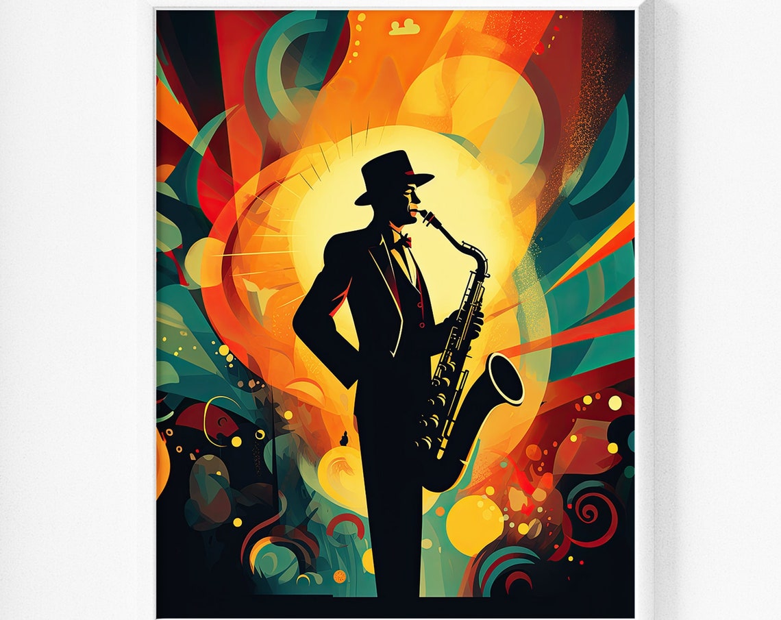Jazz Saxophonist Silhouette Art Deco Warm Colors Music Poster - Image 7