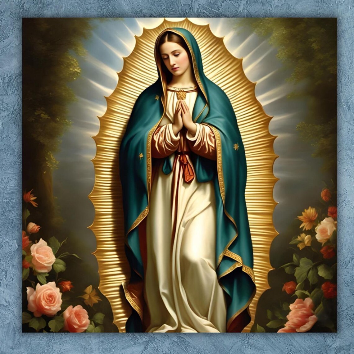 Our Lady of Guadalupe Golden Mandorla Roses Catholic Art Poster