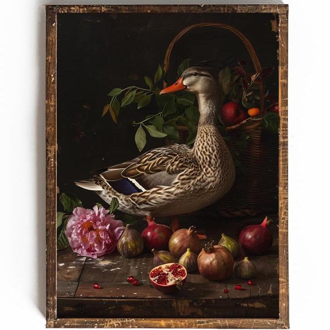 Vintage Duck and Fruit Art Print, Dark Academia