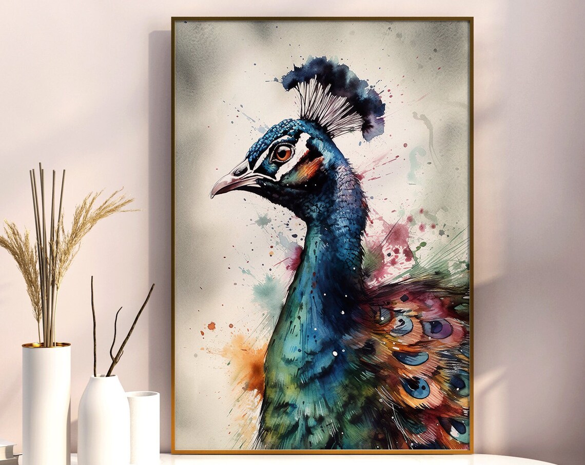 Peacock Portrait Watercolor Iridescent Blue Bird Splash Poster