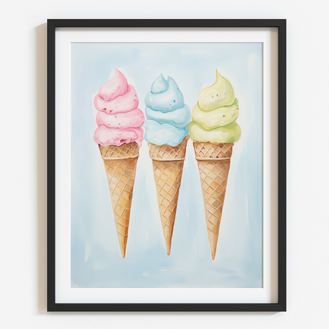 Pastel Ice Cream Cones Trio Cute Summer Dessert Art Print for Kids