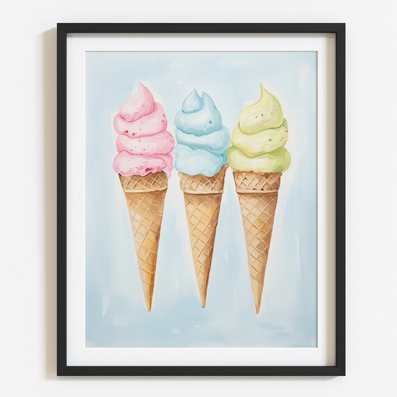 Pastel Ice Cream Cones Trio Cute Summer Dessert Art Print for Kids