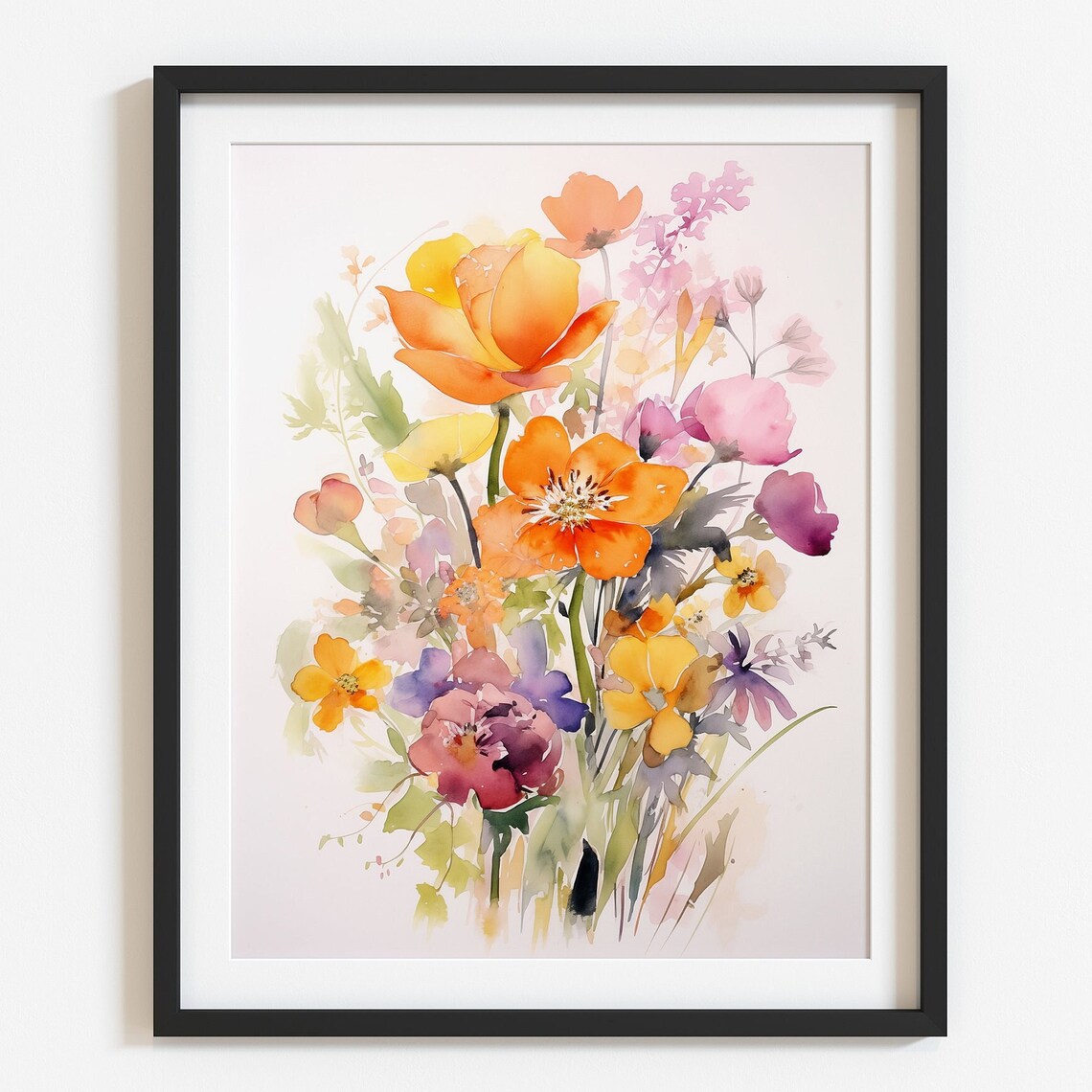 Watercolor Wildflower Bouquet Orange Poppies Botanical Wall Art