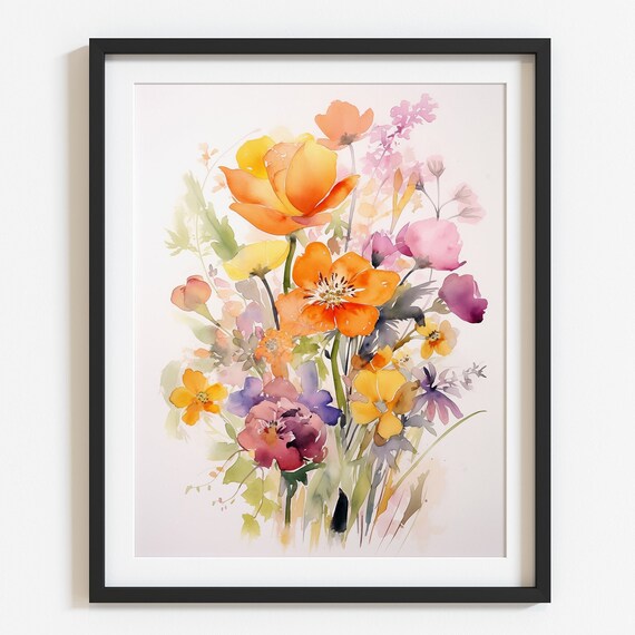 Watercolor Wildflower Bouquet Orange Poppies Botanical Wall Art