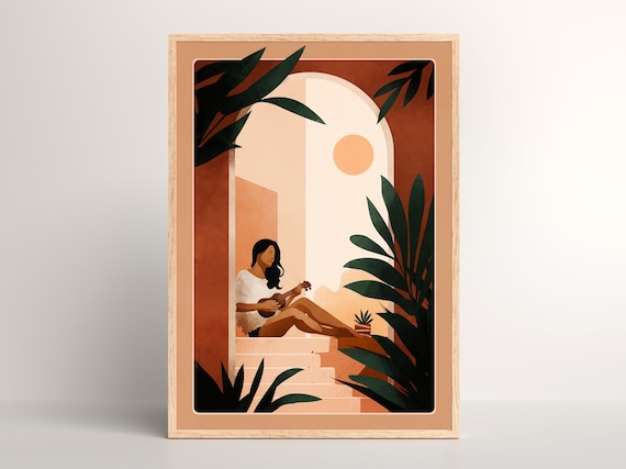 Woman Playing Ukulele in Sunlit Terracotta Archway Tropical Wall Art