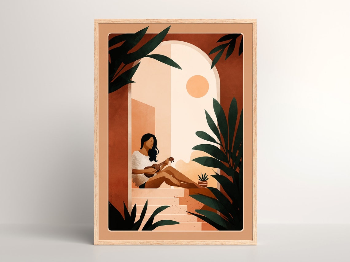 Woman Playing Ukulele in Sunlit Terracotta Archway Tropical Wall Art