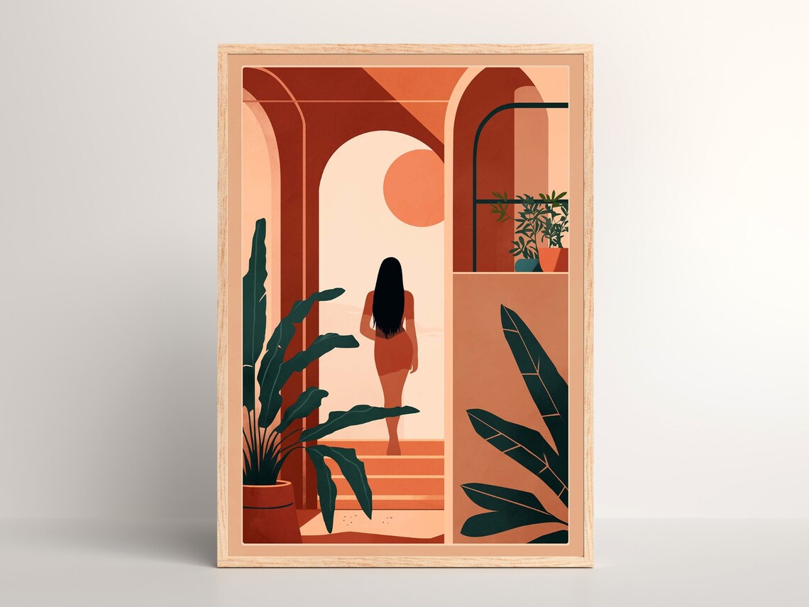 Woman Walking Through Terracotta Archway Into the Sunset Poster
