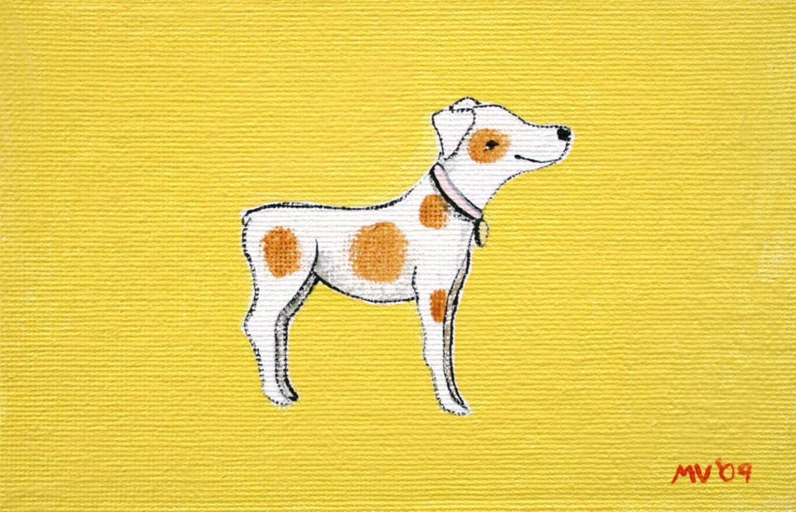 Spotted White Dog Orange Dots Sunny Yellow Background Puppy Poster - Image 2