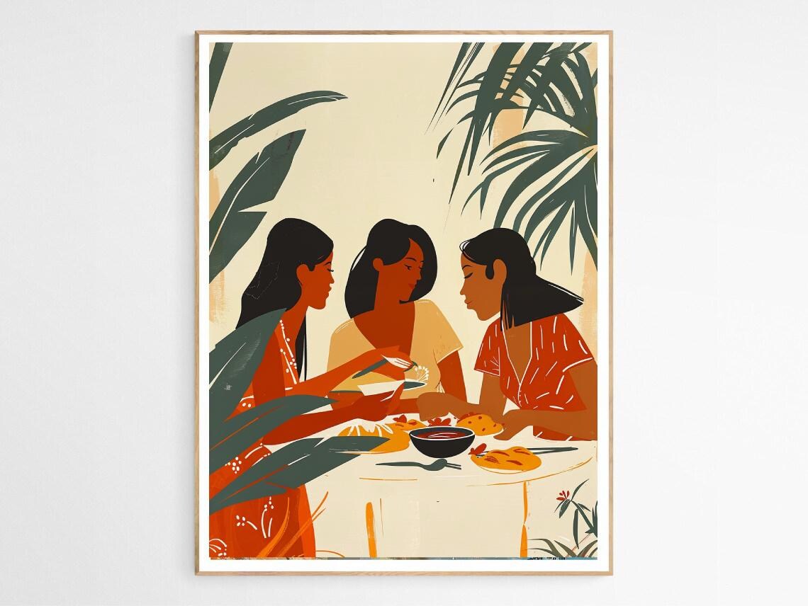 Filipino Women Sharing Family Meal Among Palms Illustration Poster