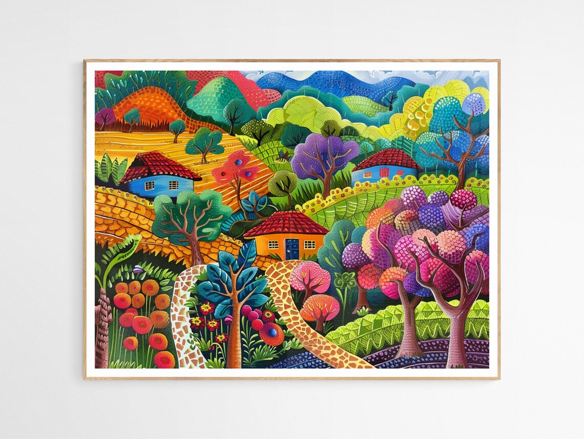Philippines Countryside Village Colorful Folk Art Landscape Poster