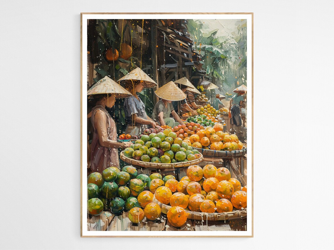 Vietnam Fruit Market Villagers in Conical Hats Oil Painting Poster