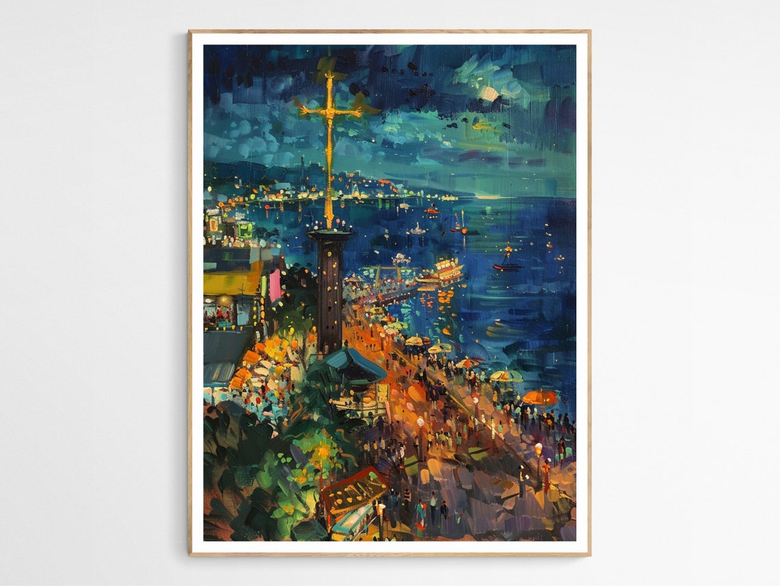 Cebu City Night Waterfront Cross Painting Philippines Art Poster