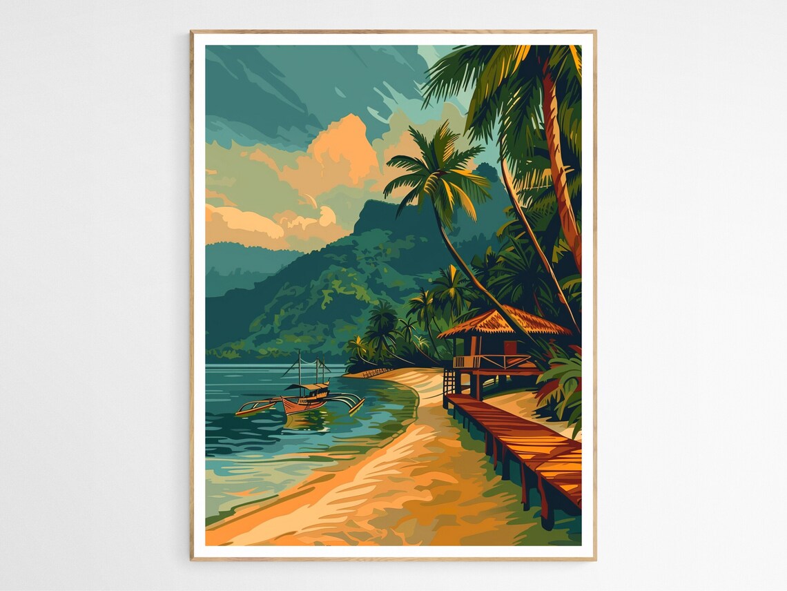 Tropical Island Beach Stilt Hut Banca Boat Travel Art Poster