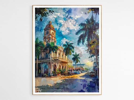 Bacolod City Clock Tower Street Palms Colorful Painting Poster
