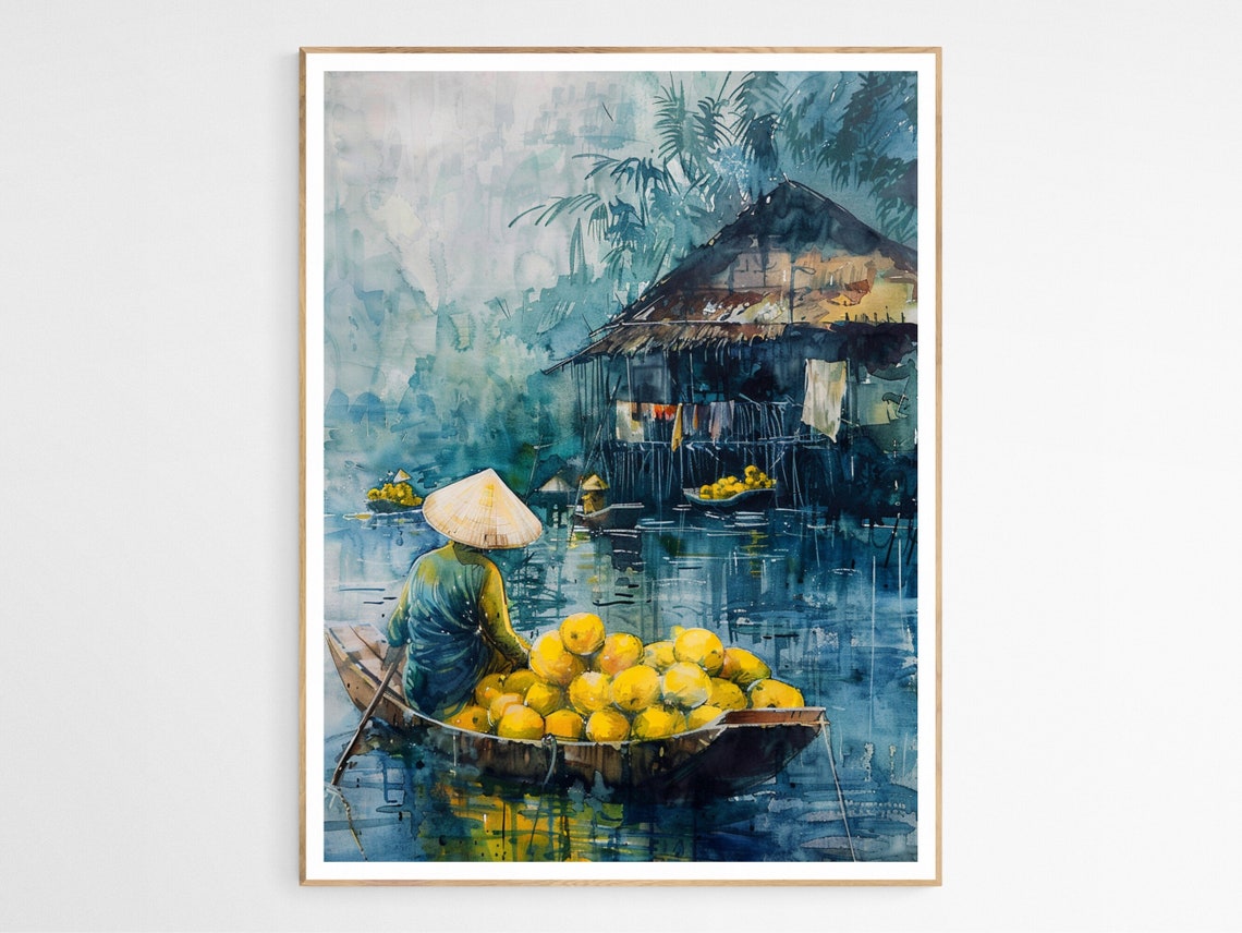 Vietnam Floating Market Fruit Boat Misty Watercolor Art Poster