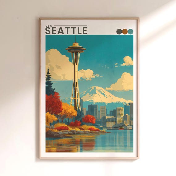 Seattle Travel Poster Space Needle Mount Rainier Autumn Colours Wall Art