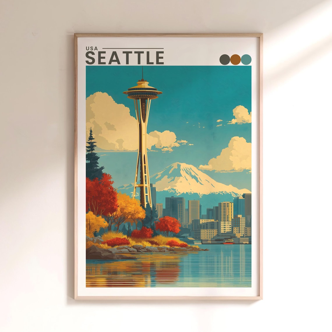 Seattle Space Needle Mount Rainier Autumn Colors Travel Poster