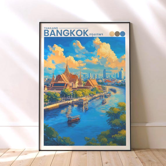 Bangkok Skyline Travel Poster Thailand River Cityscape Wall Art