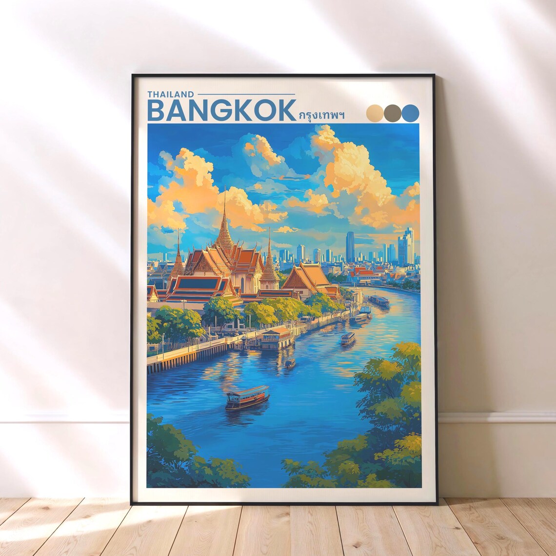 Bangkok Thailand Temple River Skyline Colorful Travel Poster