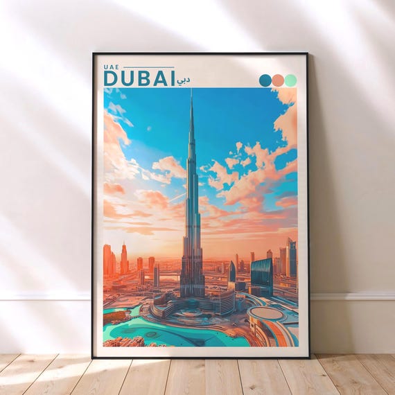 Dubai Burj Khalifa Travel Poster Modern Uae Skyline Wall Art Print