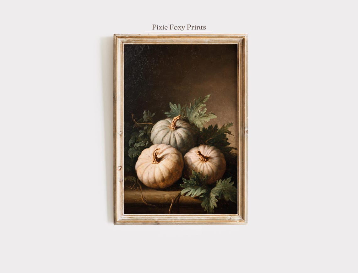 Vintage White Pumpkin Still Life Moody Rustic Autumn Harvest Wall Art