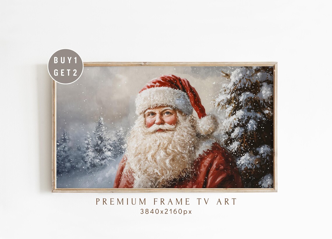 Vintage Santa Claus Snowy Forest Christmas Frame TV Art Poster