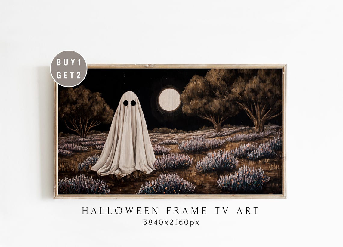 Sheet Ghost In Lavender Field Full Moon Spooky Halloween Frame Poster