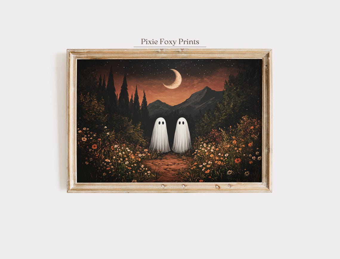 Two Ghosts on a Forest Path Under a Crescent Moon Halloween Poster