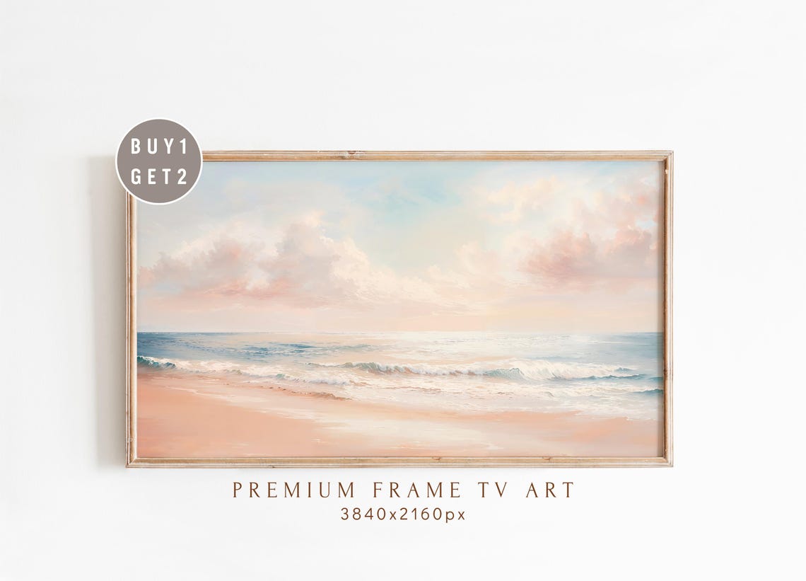 Pastel Beach Sunset with Soft Ocean Waves Frame TV Art Poster