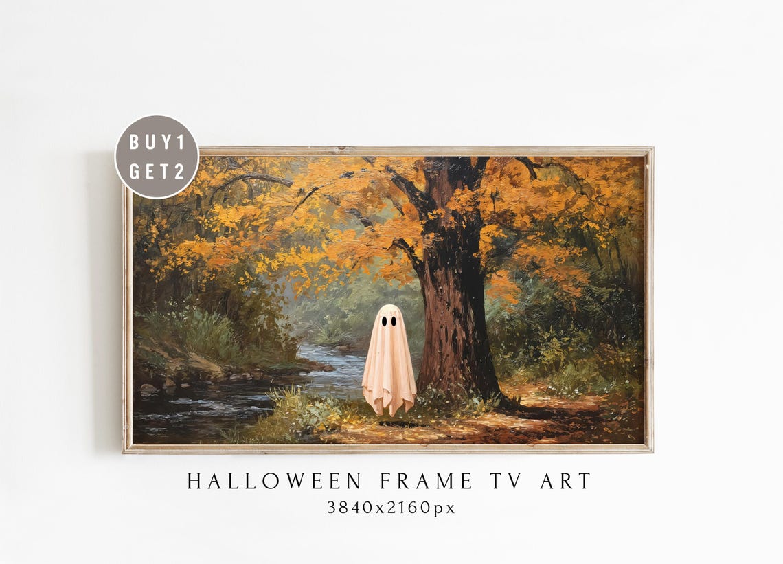 Cute Sheet Ghost In Autumn Forest Cozy Vintage Halloween Frame Poster