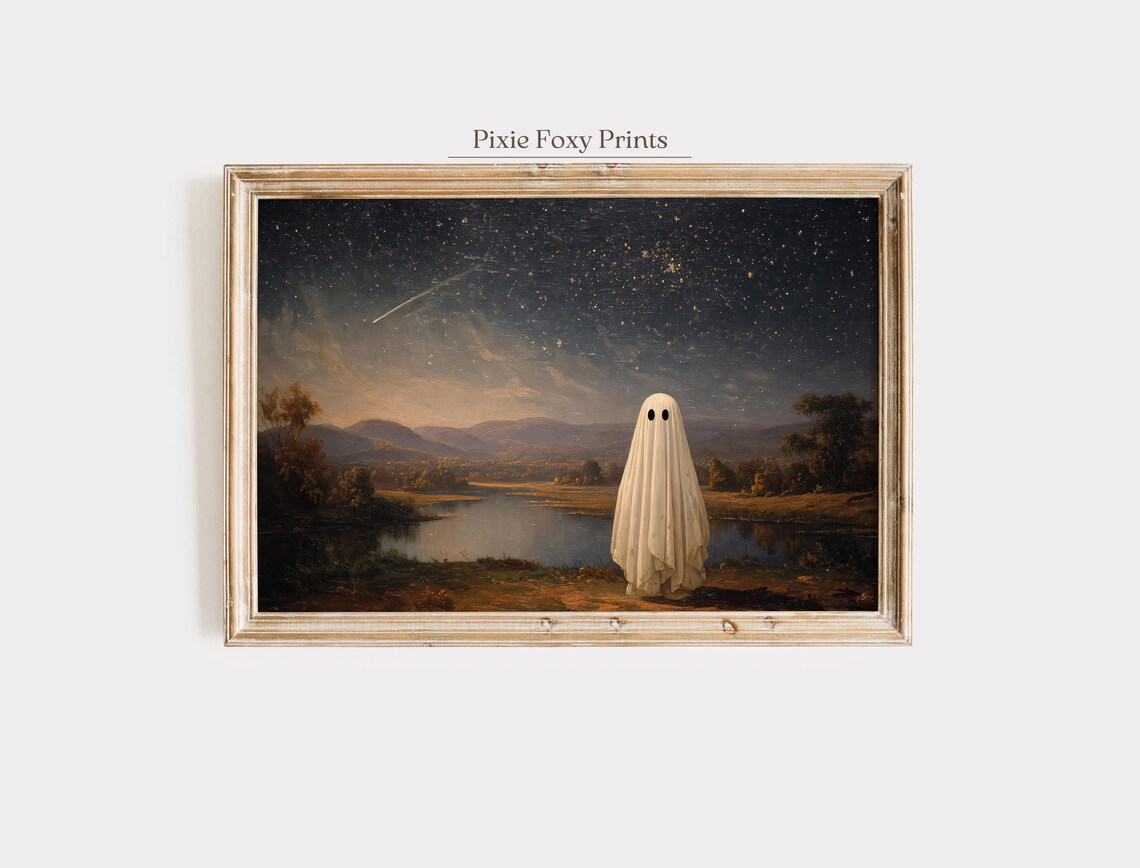 Lone Ghost Lakeshore Starry Night Shooting Star Vintage Poster