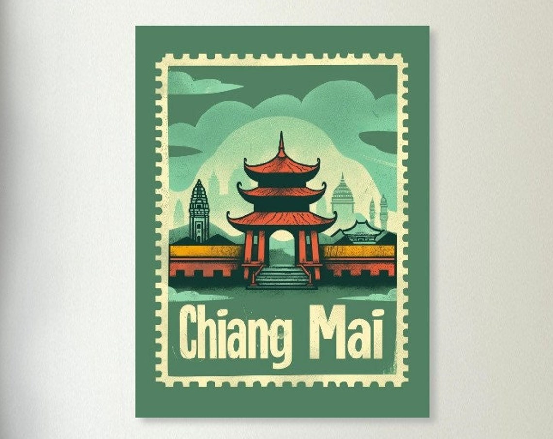 Chiang Mai Thailand Temple Gate Retro Postage Stamp Travel Poster
