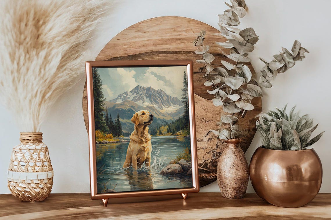 Golden Retriever Splashing in Alpine Mountain Lake Art Poster - Image 4