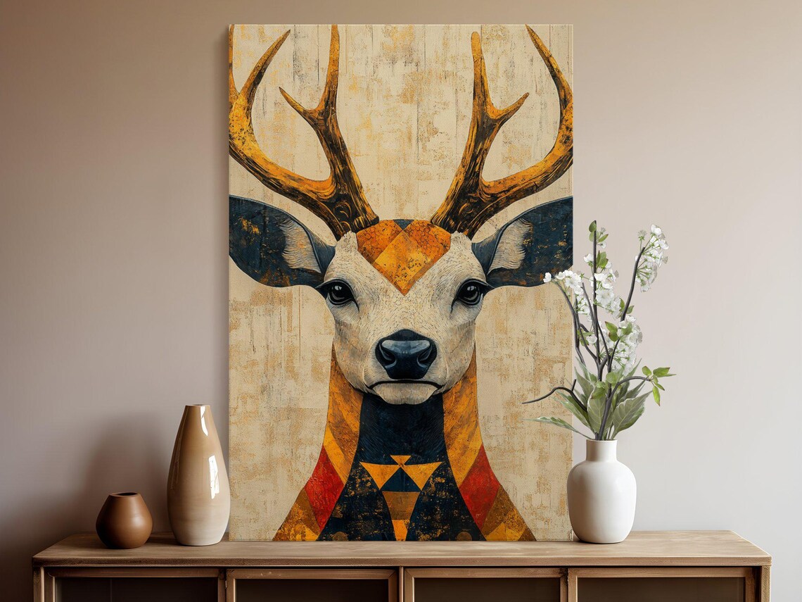 Geometric Golden Stag Portrait in Amber Tones With Vintage Texture Poster - Image 5