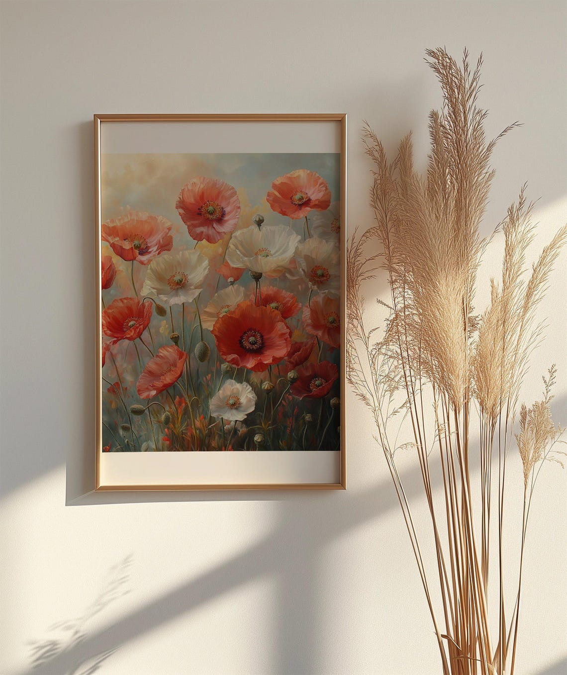 Red Poppy Field With White Wildflowers Botanical Nature Poster - Image 2