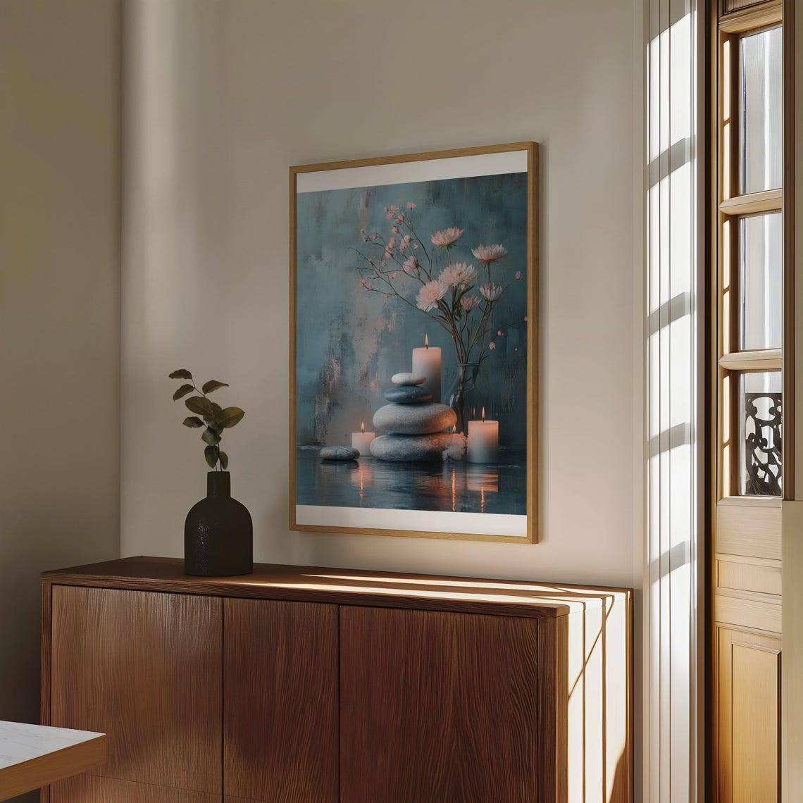 Tranquil Zen Garden Poster With Candles Stones and Pink Blossoms - Image 4