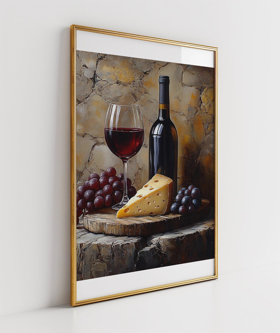 Red Wine Bottle and Glass Cheese Grapes Still Life Painting Poster - Image 3
