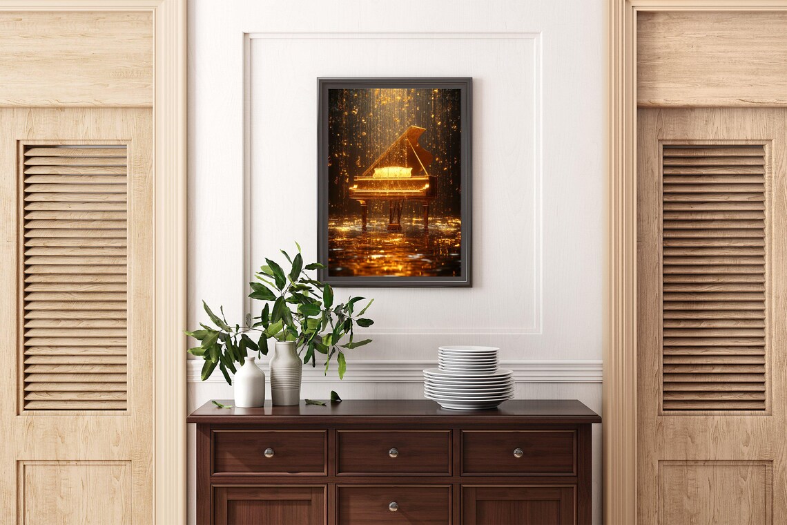 Golden Grand Piano Standing Alone In Sparkling Golden Rain Poster - Image 2
