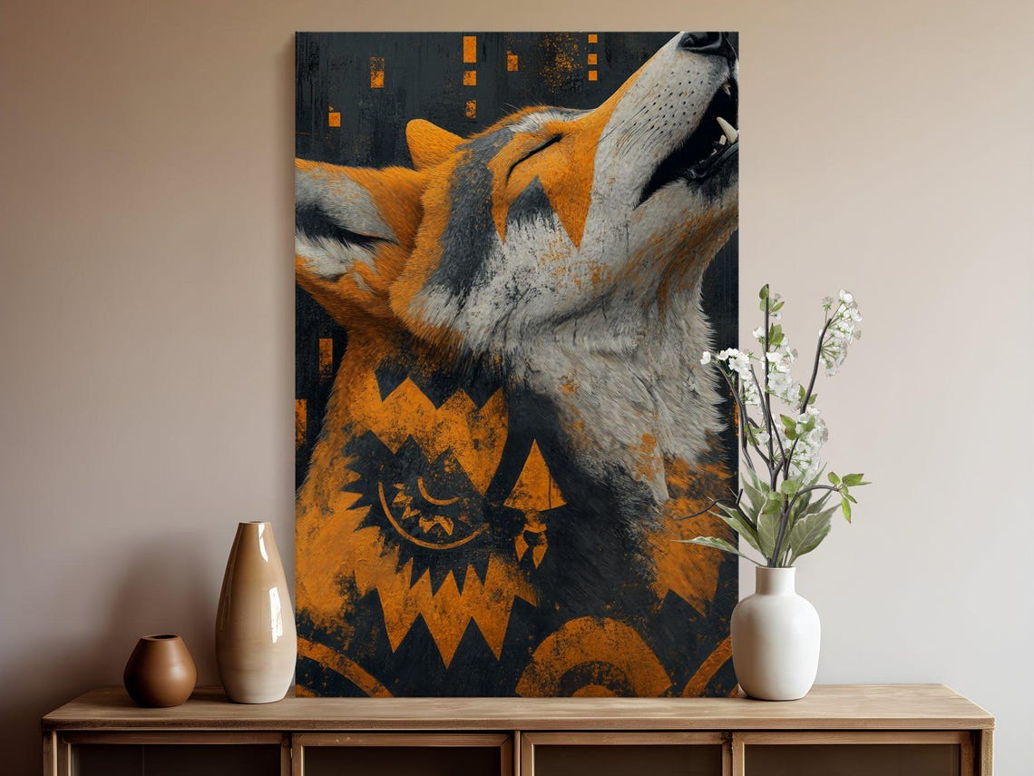 Howling Wolf Geometric Poster With Orange and Black Tribal Style - Image 5
