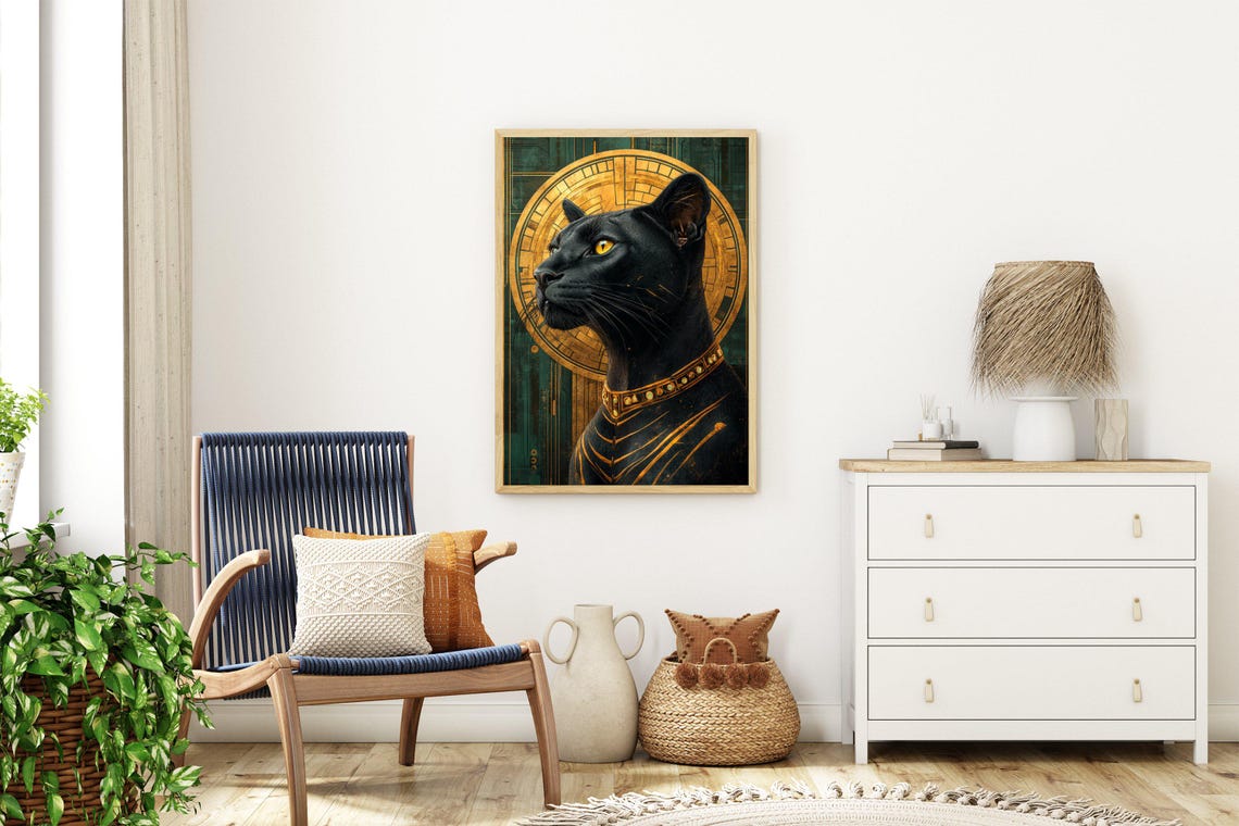 Regal Egyptian Black Cat With Golden Halo and Jeweled Collar Poster - Image 3